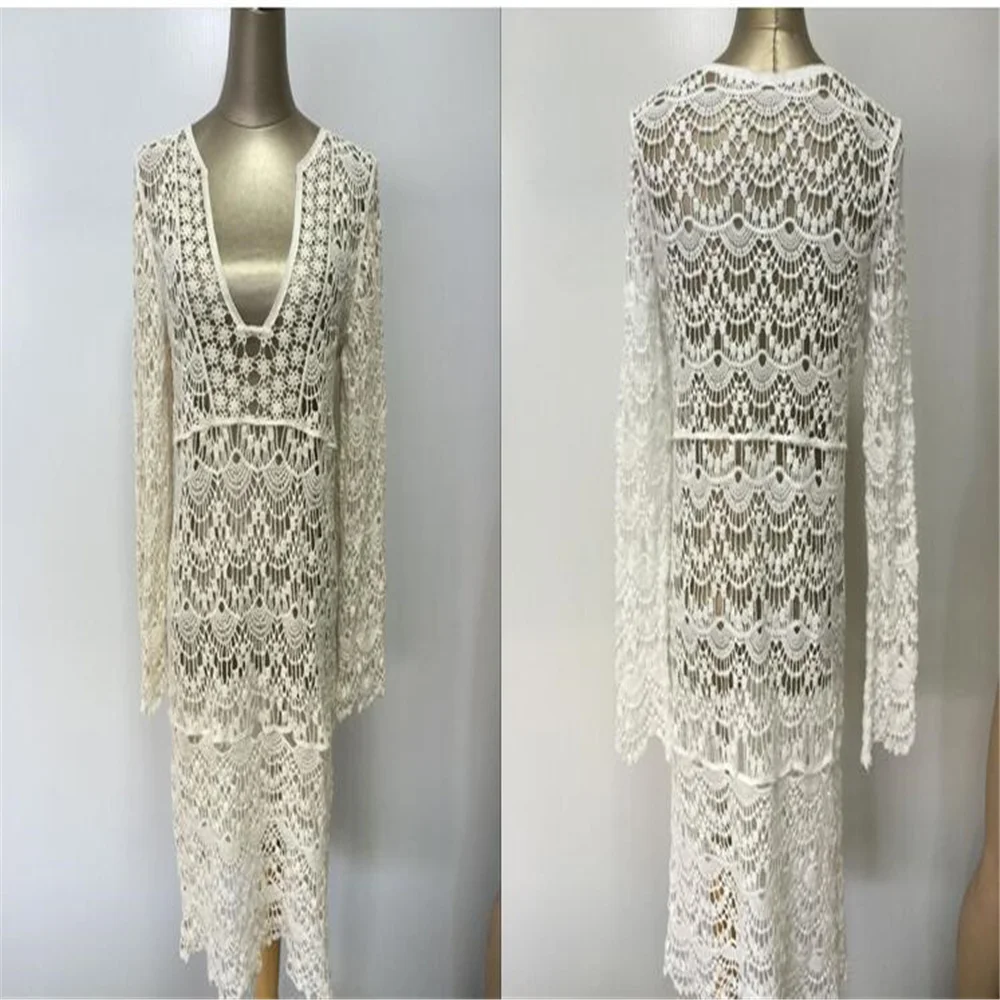 

3UMeter Long Cut-Out Crochet Beach Smock Jacket Swimsuit Cover Long Sleeve Sun Protection Women's Skirt Wholesale