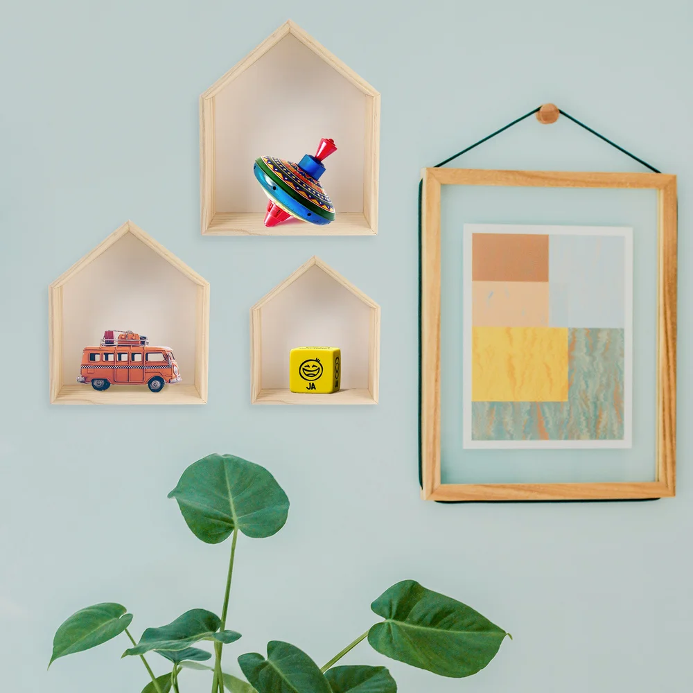 

3pcs Wall Mount Household Storage Rack House Shape Wooden Display Shelf