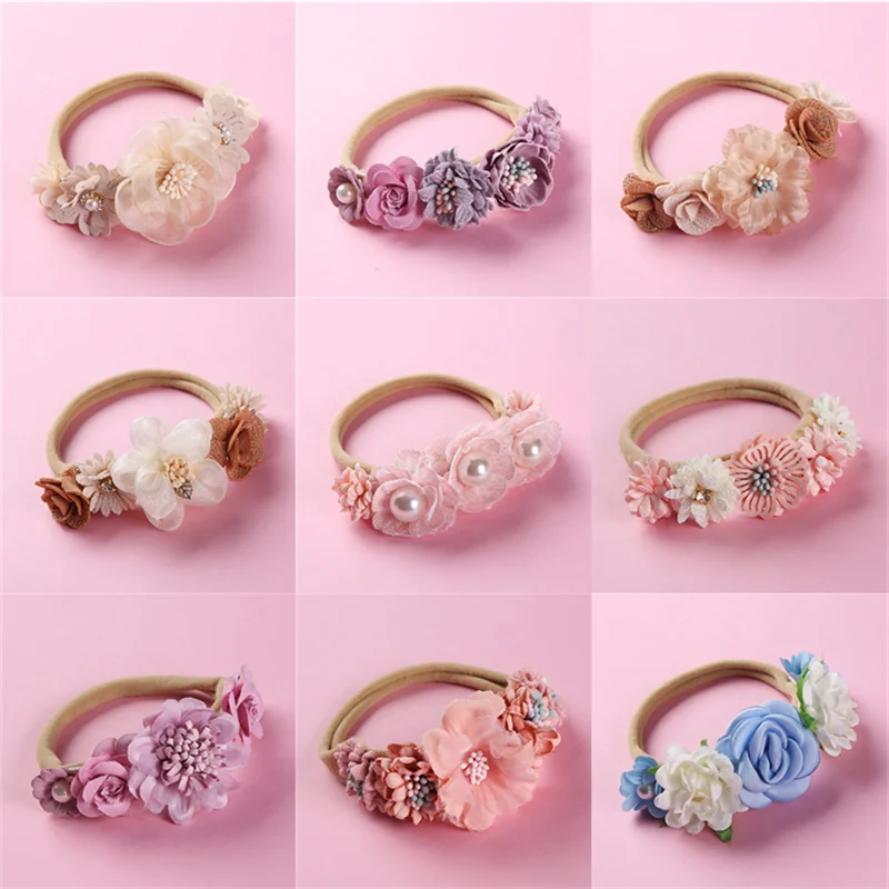 

1PCS Princess Baby Newborn Lovely Headband Kawaii Accessories Pink Flower Pearl Nylon Stretch Headband Floral Kids Hair Band