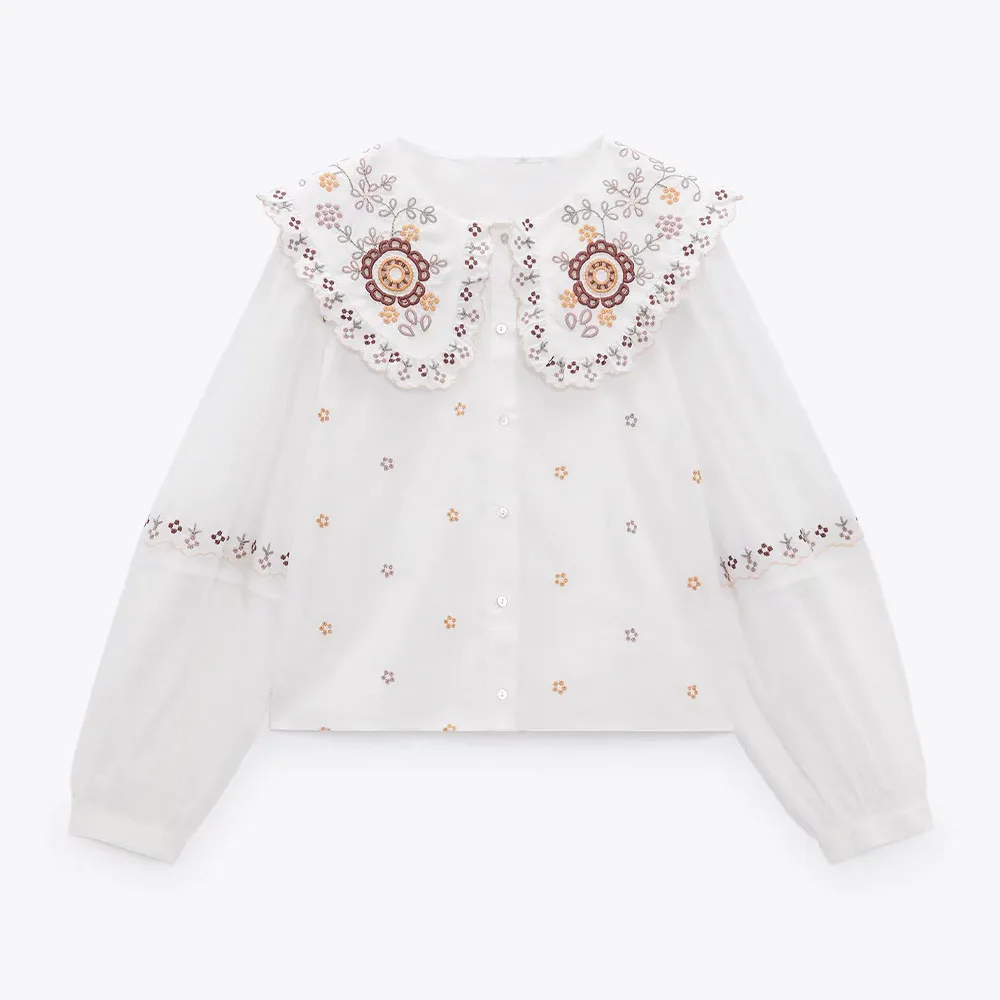 

Женская рубашка с вышивкой, блузка из поплина с длинным рукавом, на пуговицах, в винтажном стиле, осень 2021