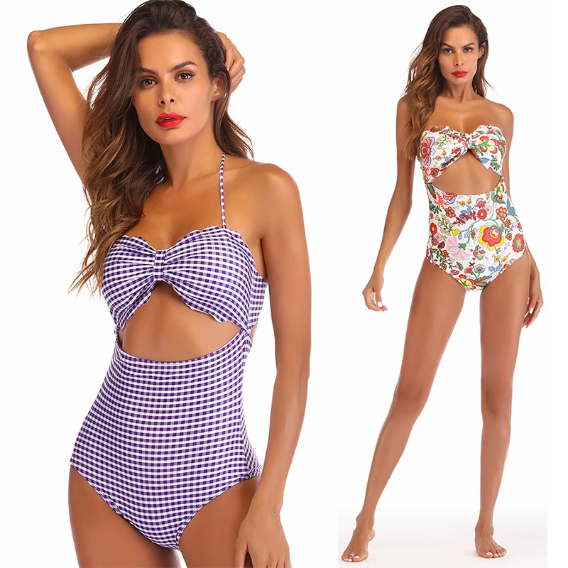 Бикини 2020 женское слитное Бандажное бикини с лямкой на шее монокини цветочным и