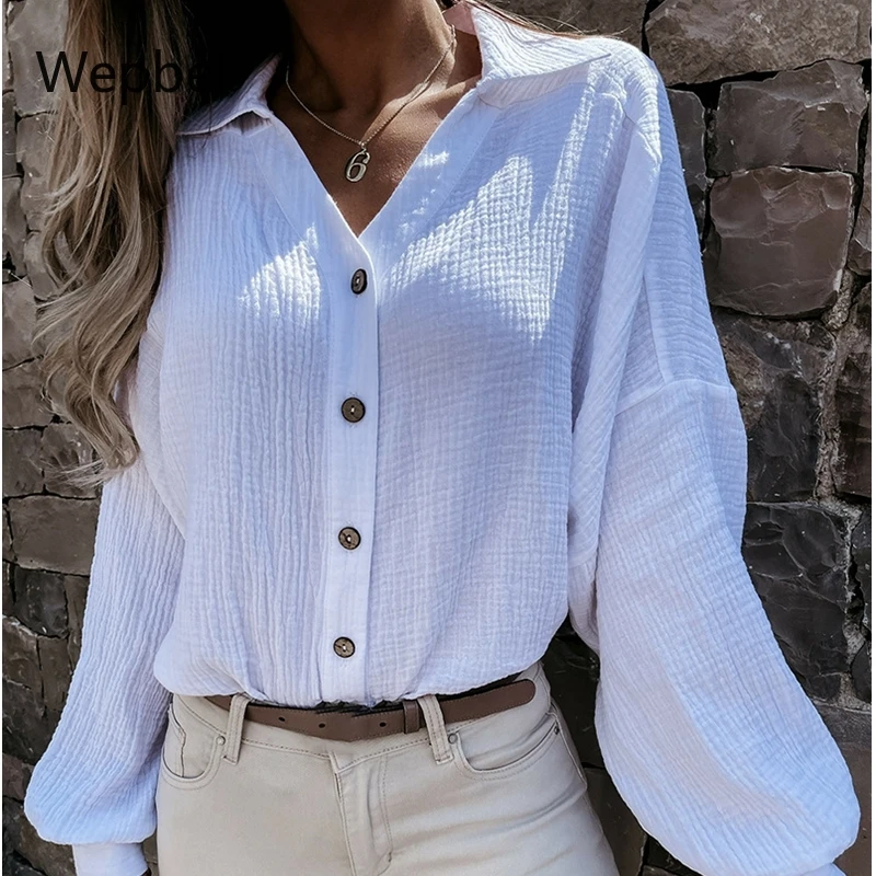 

Однотонные блузки Wepbel, летние свободные рубашки с V-образным вырезом, женские однобортные повседневные модные рубашки на пуговицах с длинны...