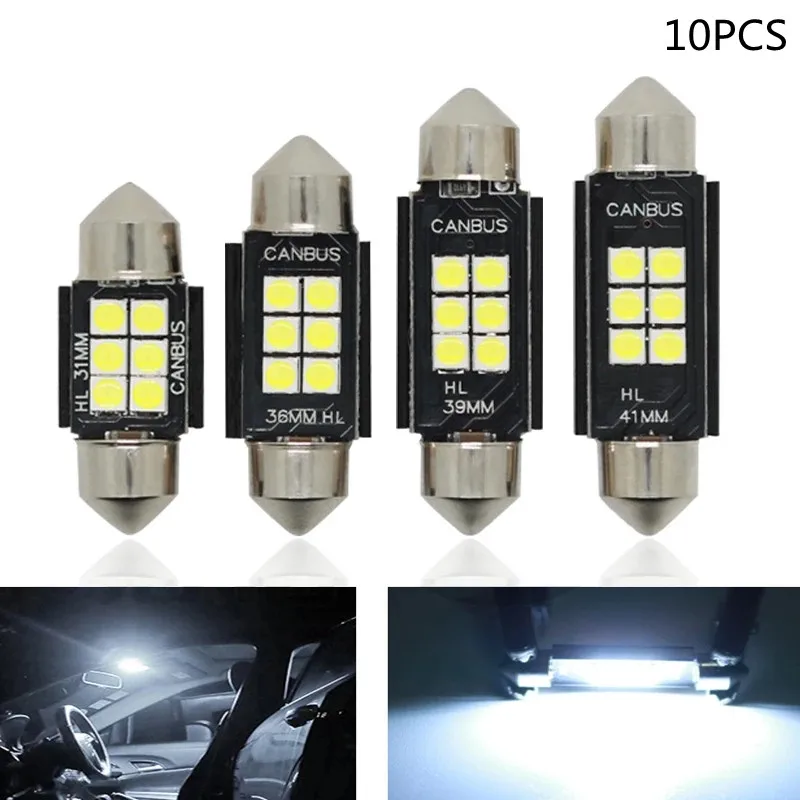 

10pcs 6SMD 31mm 36mm 39mm 41mm High Quality Super Bright LED Bulb C5W Car Dome Light Canbus No Error Auto Interior Reading Lamp