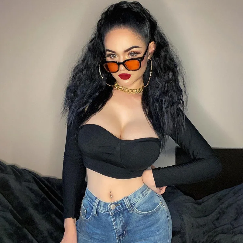 

Women Basic Long Sleeve T-shirt Square Neck Crop Top Ladies Fashion Black Korean Style Tee Shirt Streetwear Casual Clothes