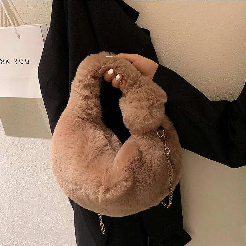 

2021 Winter Women Faux Fur Soft Plush Tote Bag Female Fashion Designer Handbag Furry Shoulder Bag Chain Messenger Crossbody Bags
