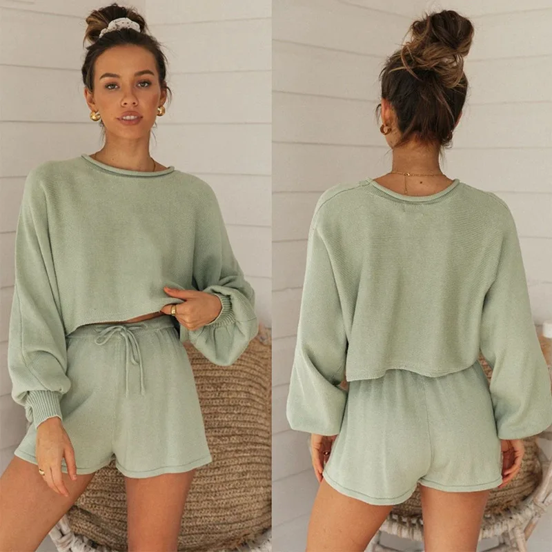

2021 Women Sexy Suits Solid Colors Crop Tops + High Waist Short Pants 2021 Woman Vintage Plus Size Homewear Puff Sleeves Tops