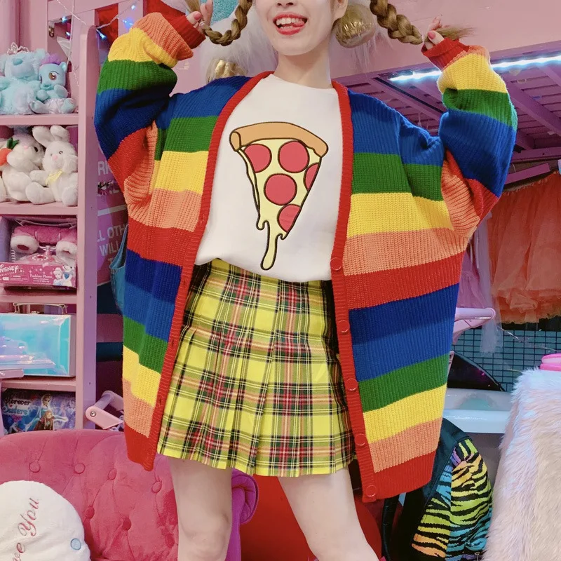 Knitted Cardigan Women 2020 Autumn &ampWinter KPOP Rainbow Striped Outwear Female Loose Casual Long Sweater Jacket Coat L0162 |