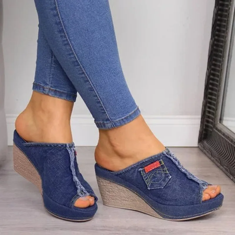 

High Heeled Slippers Summer Women Open Toe Denim Wedges Shoes Sandals Comfortable Platform Ladies Sandalias Muger Zapatillas