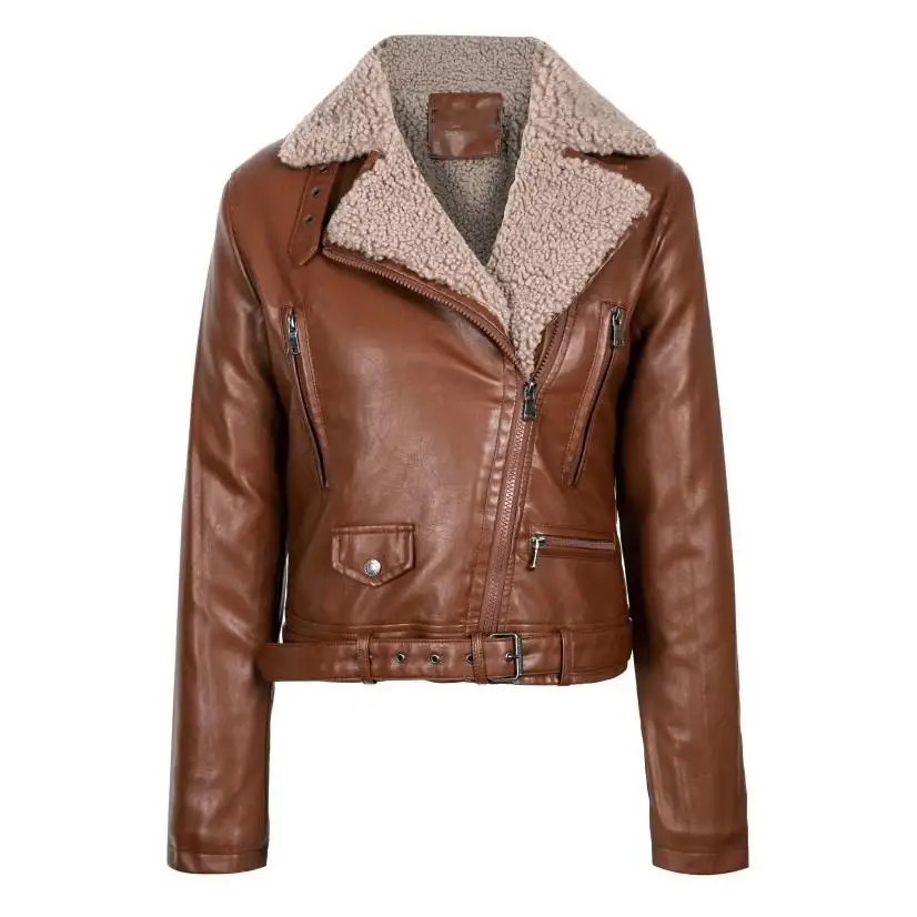 Зимние тонкие теплые куртки из искусственной кожи с поясом женские пальто