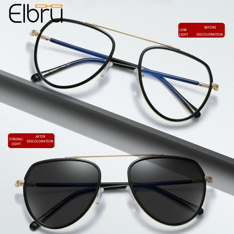 

Elbru Vintage Pilot Metal TR90 Glasses Frame Retro Fashion Men Women Oval Eyewear Intelligent Color Change Lens Plain Glasses