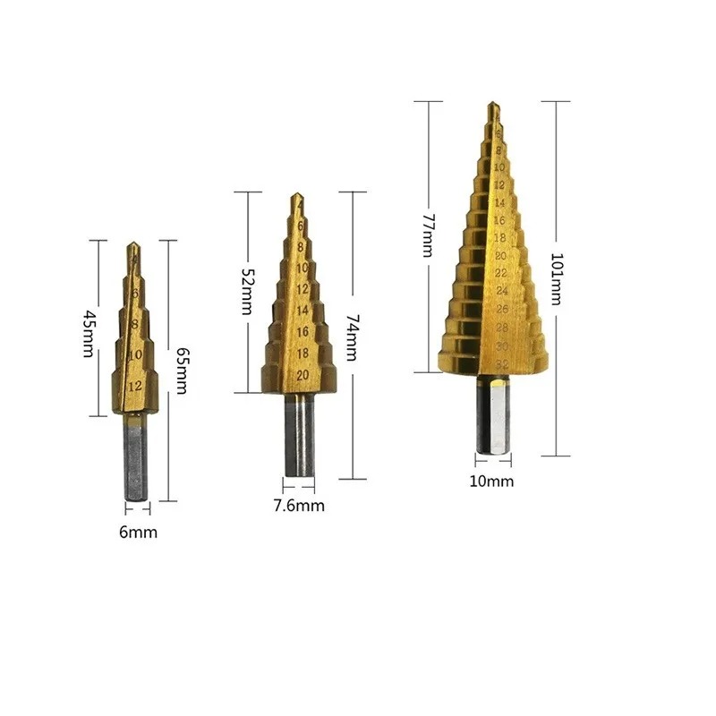 

Ступенчатое сверло из быстрорежущей стали с титановым покрытием, 3 шт., 4-12 мм, 4-20 мм, 4-32 мм, инструмент для сверления дерева и металла