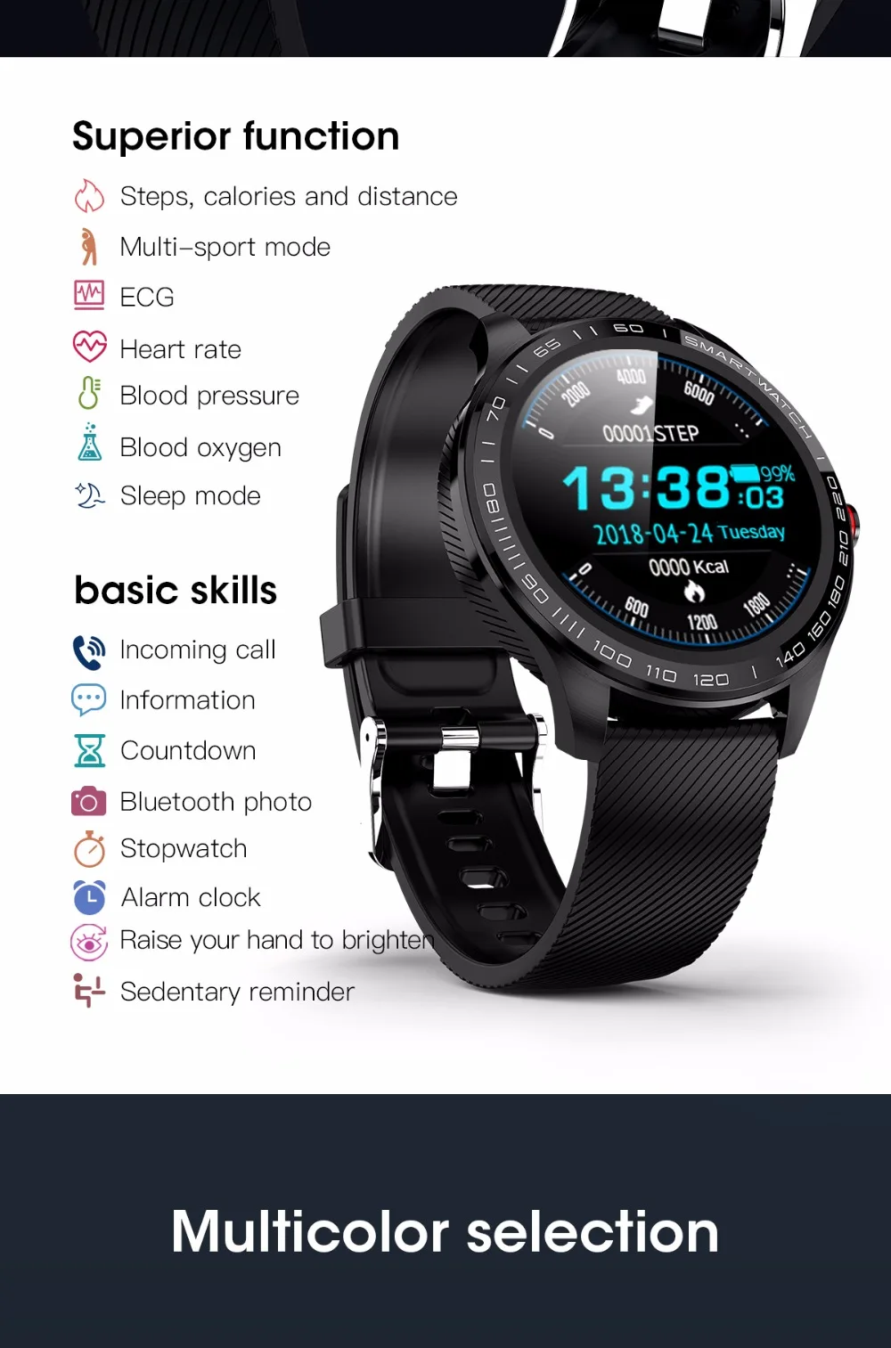 L9 ЭКГ Смарт часы для мужчин Полный Круглый мультисенсорный Smartwatch ip68водонепроницаемый спортивные часы для мужчин Bluetooth напоминание/Музыка
