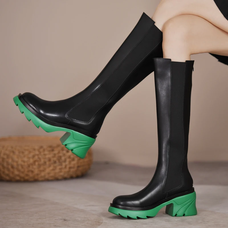 New Women's Mid-Calf High Boots Square 8cm High Heel Round Toe Thick Platform Zip Shoes Solid Casual Leisure Footwear