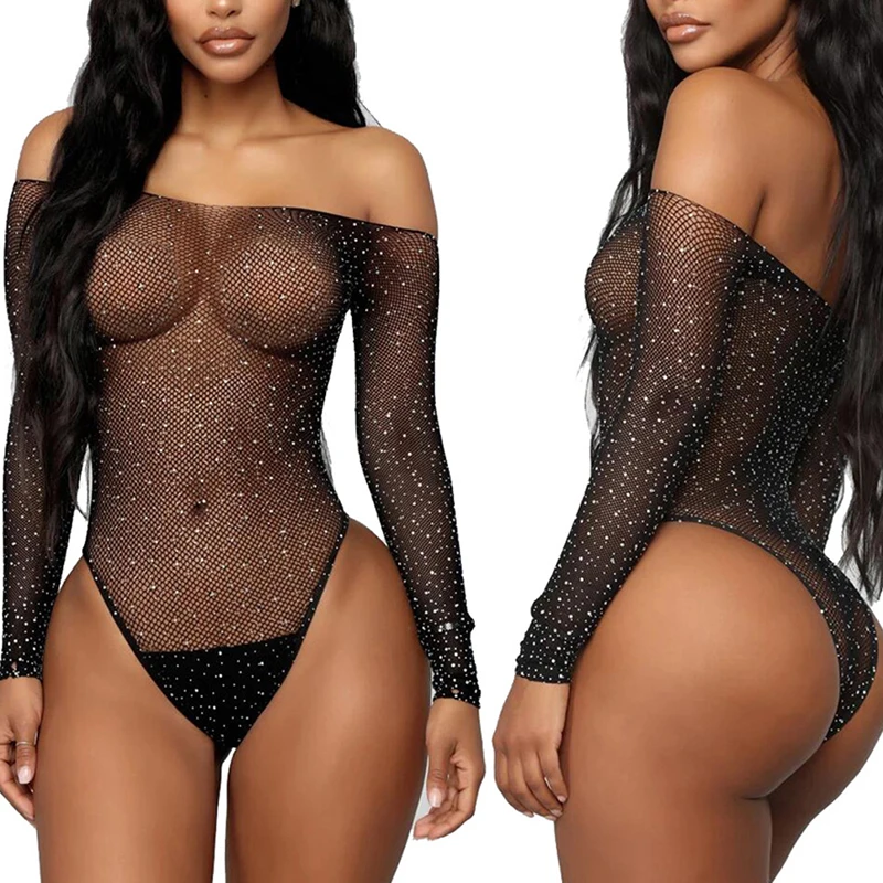 

Sexy Hollow Out Off Shoulder See Through Playsuit Jumpsuit Women Long Sleeve Fishnet Rhinestone Bodysuit Leotard Tops Swimsuit