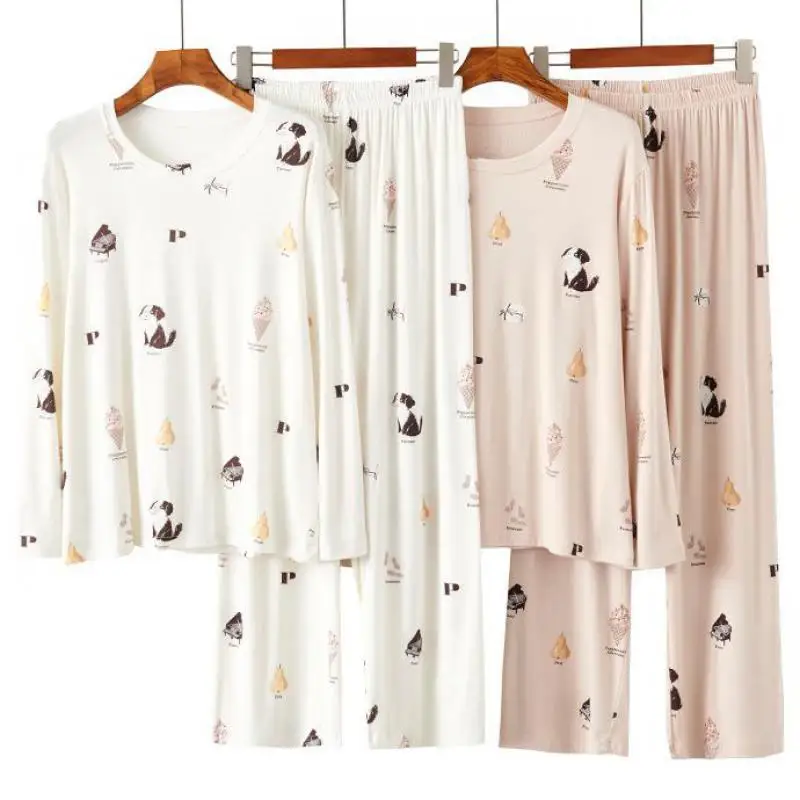 

Loose Women Sleepwear Modal Pajamas 2PCS Shirt&Pants Soft Nightwear PJS Casual Print Pyjamas Loungewear Print PJS Suit