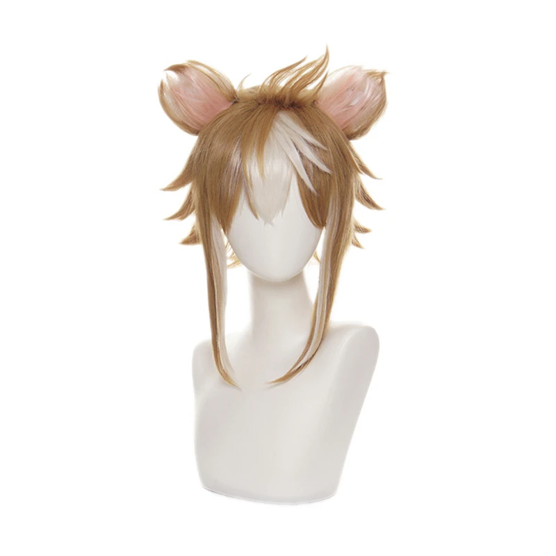 

Anime Genshin Impact Cosplay Gorou Wig Short Brown White Wig with Ears