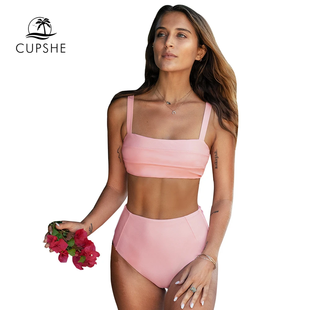 CUPSHE милый Одноцветный розовый купальник бандо с высокой талией и завязками сзади