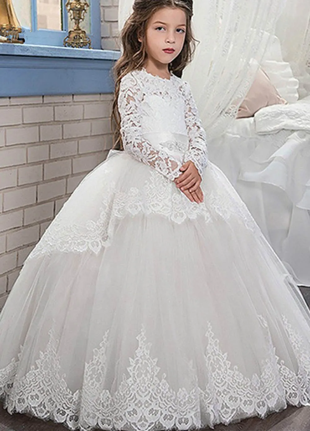 

O-Neck Applique New Tulle Flower Girls Dresses Kids Formal Wear Baby Children Party Dress Girls Pageant Birthday Christmas Lace