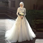 Винтажное мусульманское свадебное платье Verngo с длинными рукавами, Кружевная аппликация с высоким воротом, Тюлевое ТРАПЕЦИЕВИДНОЕ ПЛАТЬЕ невесты 2021, арабские платья с хиджабовой вуалью