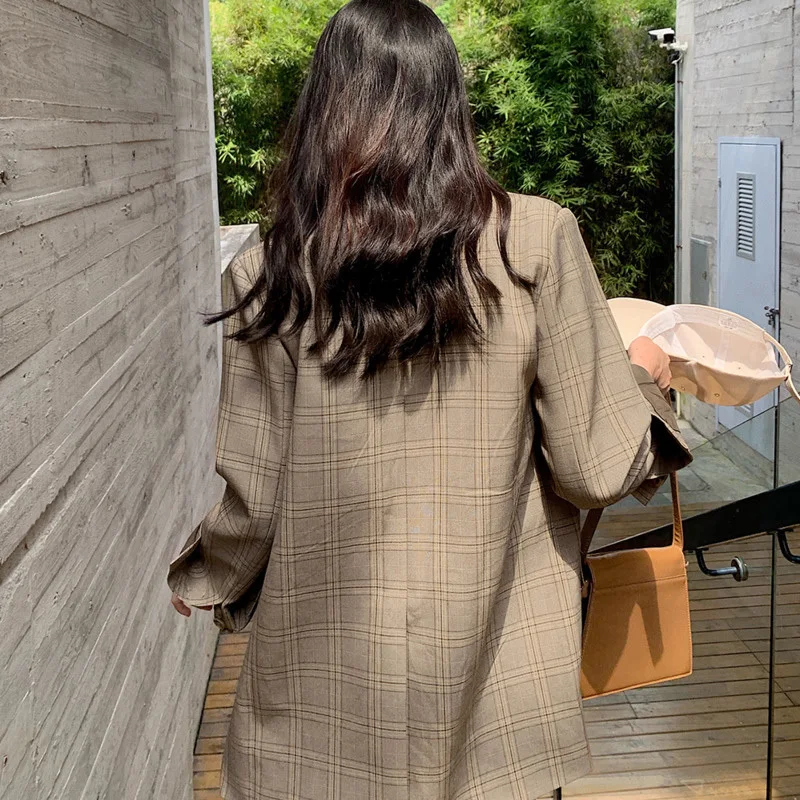 LANMREM хаки клетчатый двубортный женский офисный блейзер с длинным рукавом Женская