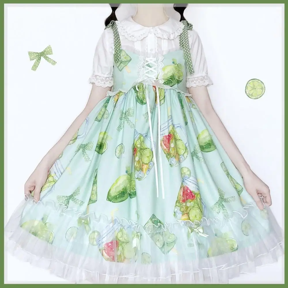 

Kawaii Lolita Lime a summer Lolita jsk small fresh green print suspenders Lolita women sweet dress kawaii girl gothic dress