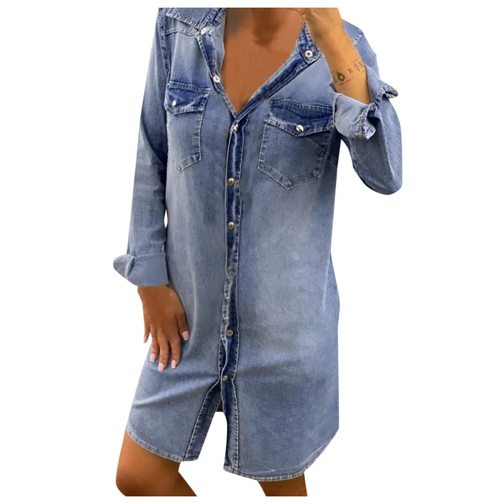 Женское джинсовое платье-мини с отложным воротником длинным рукавом | Женская