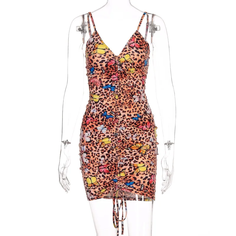

Zoctuo 2020 Pleated Sexy Bodycon Dress Butterfly Leopard Print Mini Dress Sexy V-Neck Spaghetti Strap Bandage Summer Dresses