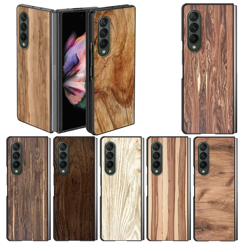 

Case For Samsung Galaxy Z Fold 3 Black Hard Phone Cover Z Fold3 5G Shockproof Bumper ZFold 3 Shell Fundas Texture Wood Coque Sac