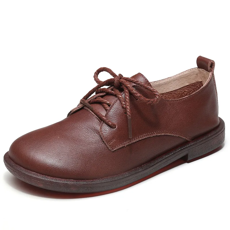 

2021 lace-up head layer cowhide low-top flats