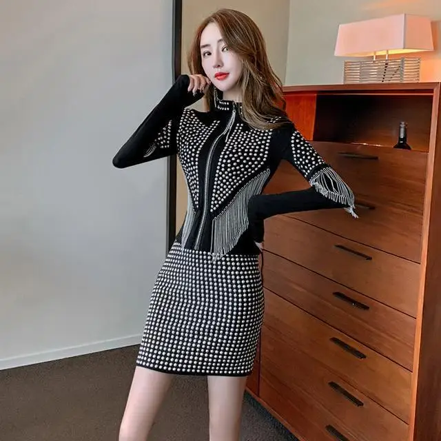 

Slimming Fashionable Elegant 2021 New Autumn Clothing Heavy Embroidery Hot Drilling Tassel Bottoming Top Skirt Suit a Fashion