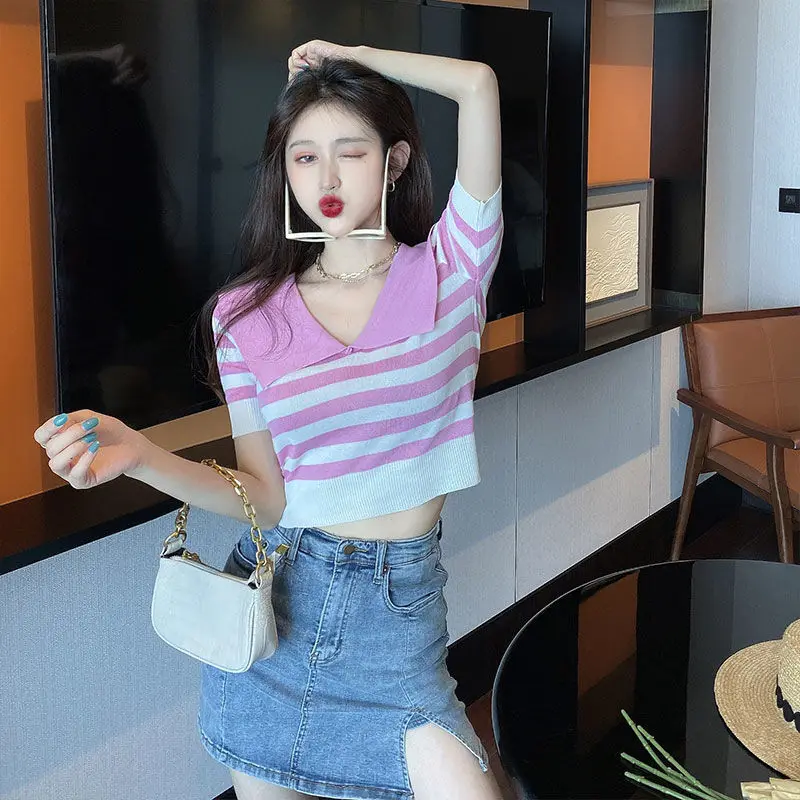 

Short sleeve T-shirt women's summer 2020 new tide navy lapel color matching stripe short knit top