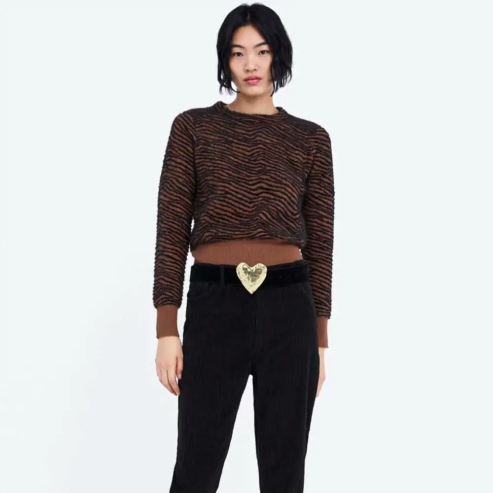 2019 ZA Zebra Pattern Sweater for Women Fashion Knitted Animal Print Winter Clothes Thick Long Sleeve Female Pullovers Casual | Женская
