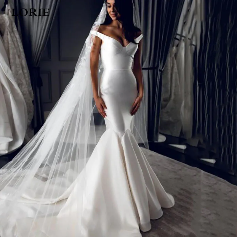 

LORIE Satin Mermaid Wedding Dresses Off The Shoulder Sexy Bride Dresses Long Train White Ivory Wedding Ball Gown 2021