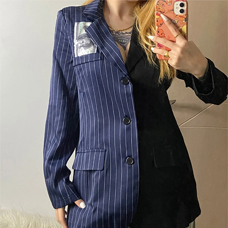 

Fashion Blazer Women 2020 Winter Splicing Suit Ladies High Quality Candy Strip Jacket Female Blazer Lapel Long Sleeve Fit Jacket