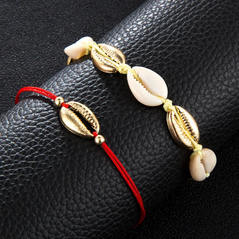 

New Fashion Creative Small Red String Round Bead Shell Pendant Alloy Anklet for Women 2021 Foot Beach Jewelry