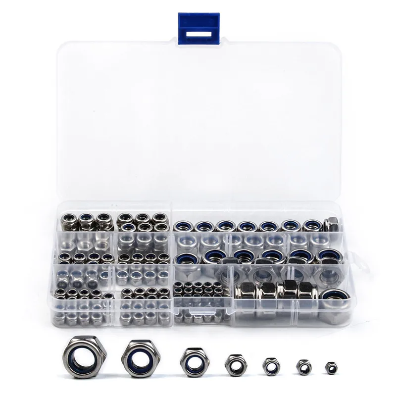 

HOT-170Pcs/Set Lock Nuts Fastener M3/M4/M6/M8/M10/M12 Metric Thread Stainless Steel Self-Locking Hex Locknut Kit