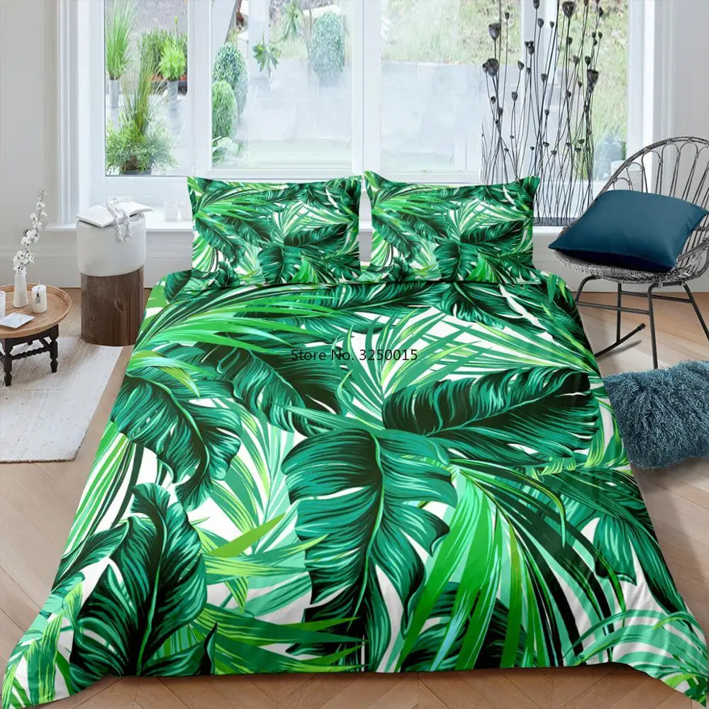 

Комплект постельного белья с 3d-изображением тропического леса, пододеяльник с зелеными листьями, наволочка, односпальный, двухспальный, полноразмерный, двуспальный, Королевский размер, одеяло, постельные принадлежности
