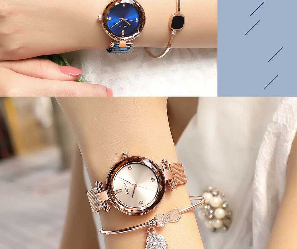 Reloj Mujer Лидирующий бренд MEGIR женские часы RoseGold Relogio Feminino Роскошные сетчатые часы-браслет женские часы