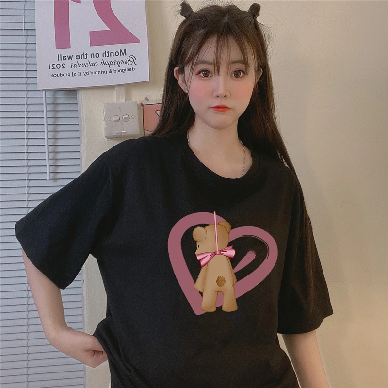 

4402 new Women's summer loose design sense all-match cartoon print short-sleeved T-shirt