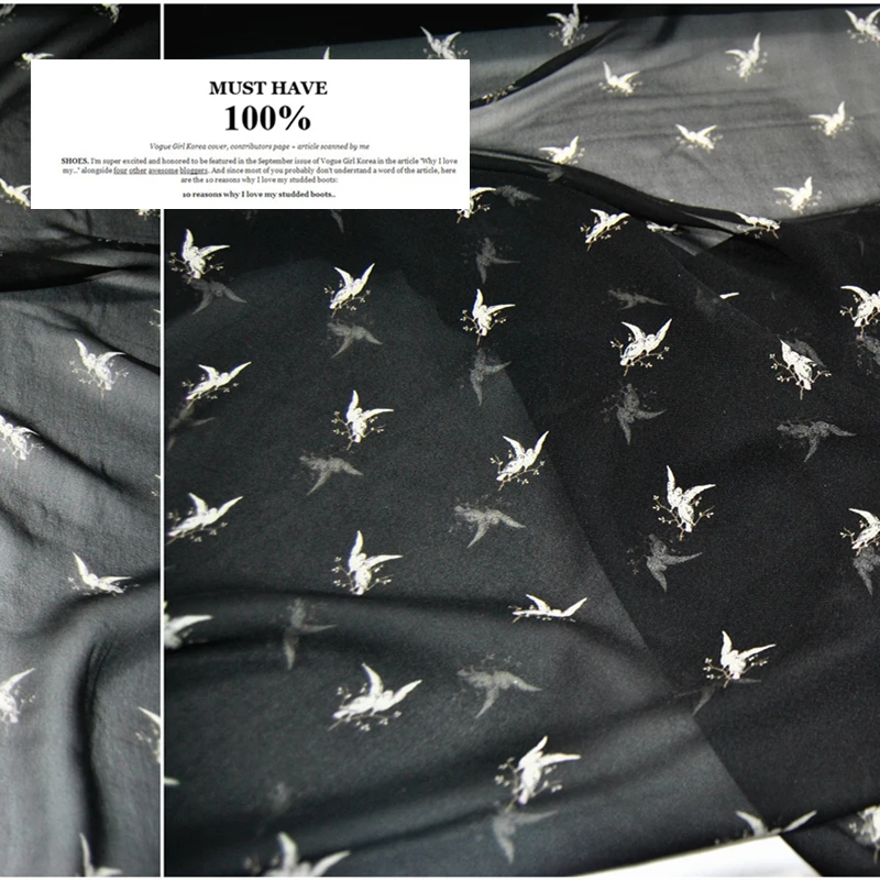 

Silk Georgette Chiffon Fabric Dress Large Wide Black Bird Clothing DIY Patchwork Tissue