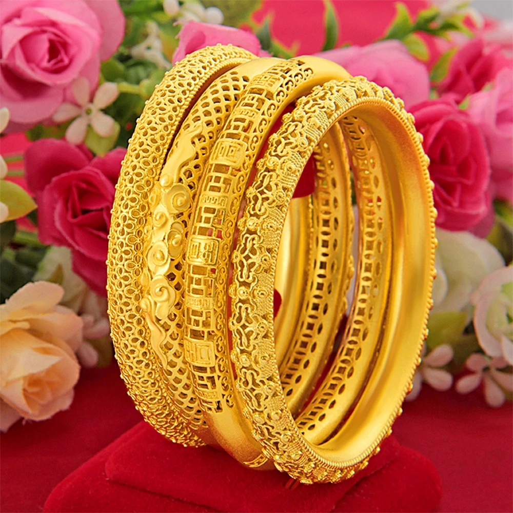 

Elegant Dubai Hollow Bangle Women Bracelet Yellow Gold Filled Trendy Lady Wedding Party Jewelry Gift