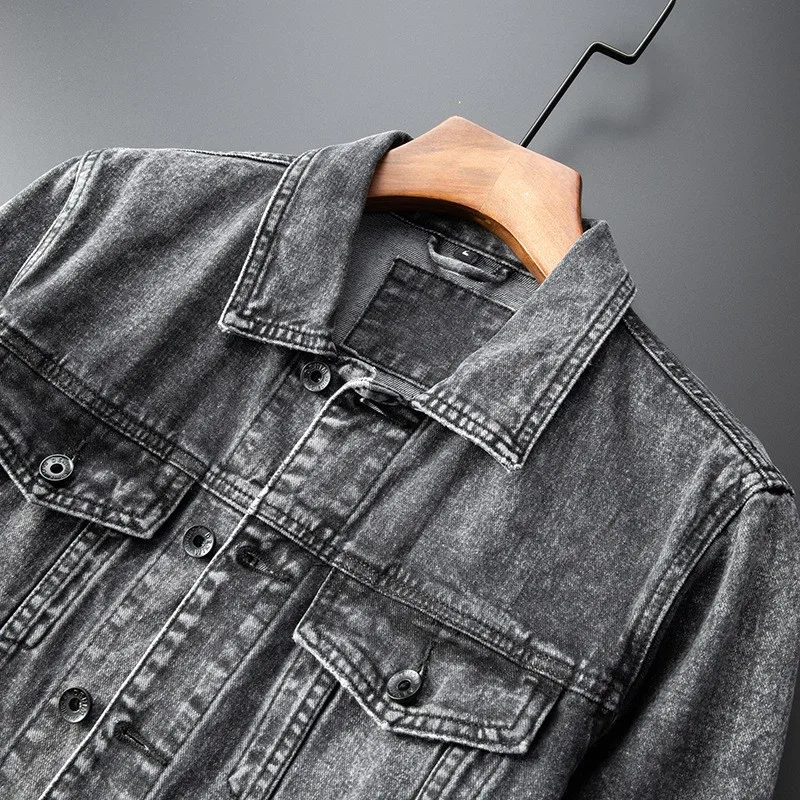 

Spring Autumn Mens Hole Ripeed Denim Jacket Slim Fit Casual Man Jeans Coat Streetwear Lapel Collar Single Breasted Cowboy Jacket