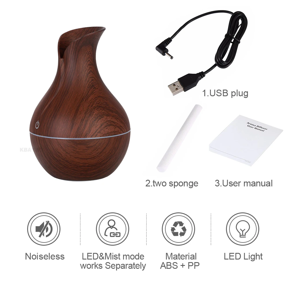 

KBAYBO electric humidifier aroma oil diffuser ultrasonic wood air humidifier USB cool mini mist maker LED lights for home office