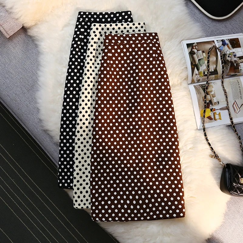 

2022 Autumn Winter New High Waist Slim Simple Dot Package Hip Skirt Casual Temperament Women A-line Long Skirt Free Shipping