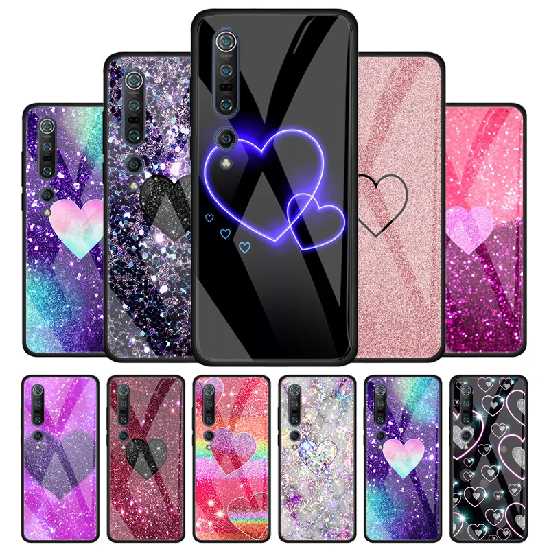 

Phone Case for Xiaomi Mi Poco X3 NFC M3 F2 Pro Note 10 10T Pro 9T 10 Lite CC9 CC9E Glass Cover Shell Glitter Golden rose love