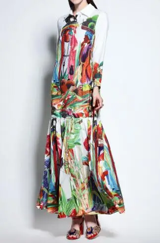 Высокое качество новейшая мода подиум отложной воротник макси платье для женщин