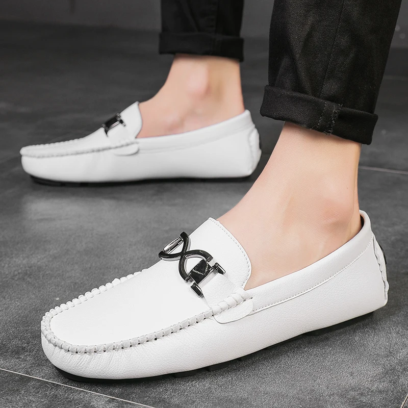 

Туфли мужские кожаные без застежки, роскошные кроссовки, Мокасины, лоферы, обувь для вождения, плоская подошва, белые