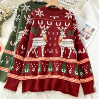 2021 new vintage christmas sweater red green women winter o neck casual pullover knitte elk loose girlfriend clothes outer wear