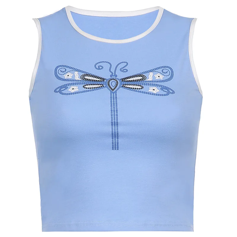 

Ins women's round neck Dragonfly print slim basic vest top women's 2021 summer new