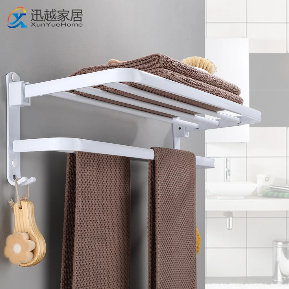 

Towel Holder Punch-Free Shower Rack Bathroom Accessories Fold Wall Organizer Hook Hanger White Bright Aluminum Storage Shelf